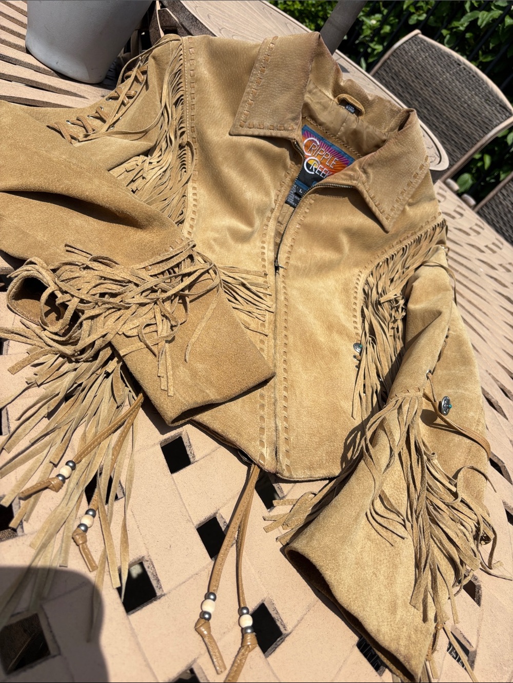 EUVC Rare Cripple Creek M L tan suede braided fringe leather coat VTG - Picture 16 of 17